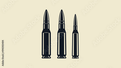 Set of three rifle bullets of different sizes standing vertically in a silhouette style against a beige background for defense theme.