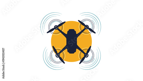 Dark blue drone silhouette flying over a bright yellow circle with concentric radio waves representing technology and surveillance.