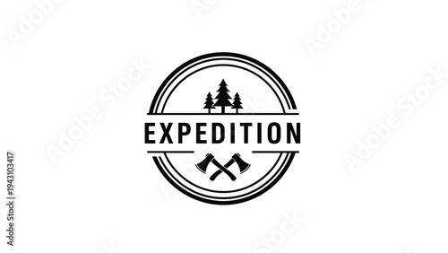 Round black and white expedition logo featuring pine trees and crossed axes with bold typography for outdoor adventure theme.