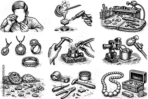Black and White Vintage Line Art Vector Illustration of Traditional Jewelry Making Process with Goldsmith Tools and Finished Pieces