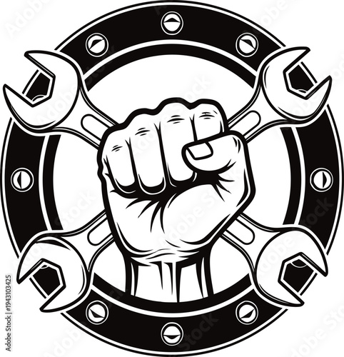 Mechanical fist emblem with wrenches and bolts