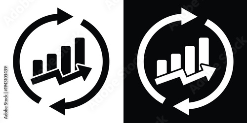 Bar graph chart surrounded by circular rotation arrows. Vector icon representing data processing, financial updates, analytics refresh, and business growth monitoring.