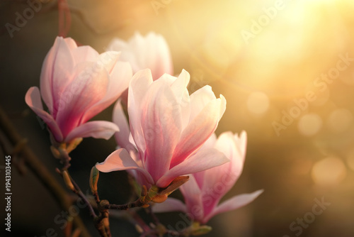 Magnolia blossoms in a beam of warm sunlight with blurred bokeh dark background. A botanical spring photo with beautiful flowers on a branch.