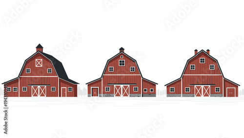 Set of three traditional red wooden barns with white trim and different roof designs isolated on a white background for farm theme.