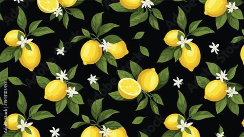 Seamless pattern featuring yellow lemons with green leaves and white blossoms scattered on a dark black background for textile design.