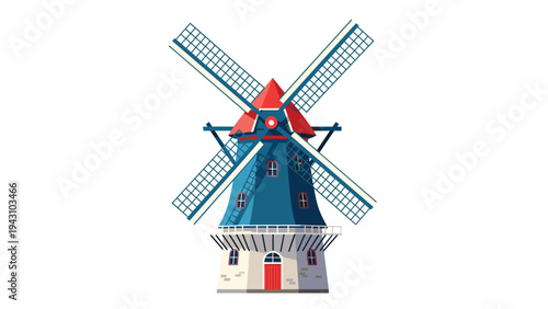 Traditional European windmill with a blue body and red roof standing isolated on a white background for energy and heritage themes.