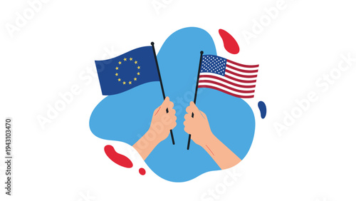 Two hands holding the flags of the European Union and the United States of America against a blue abstract background shape.