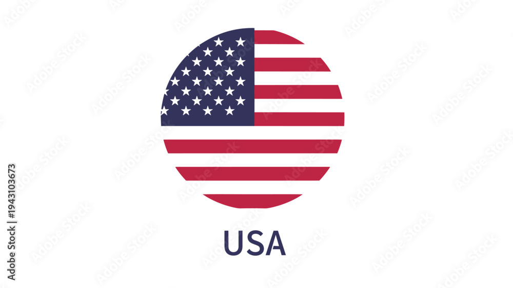 Fototapeta premium Circular icon featuring the national flag of the United States of America with stars and stripes and the text USA below.