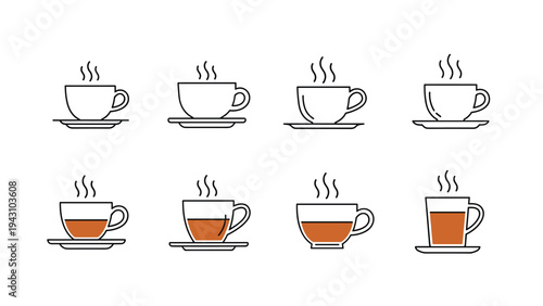 Collection of eight different coffee and tea cup icons showing varying liquid levels and styles with steam rising from each.