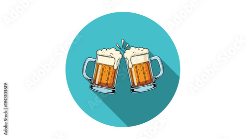 Two glasses of beer with frothy foam clinking together in a celebration toast set against a teal circular background with a shadow.