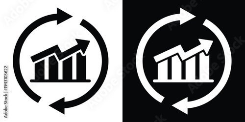 Bar graph chart surrounded by circular rotation arrows. Vector icon representing data processing, financial updates, analytics refresh, and business growth monitoring.