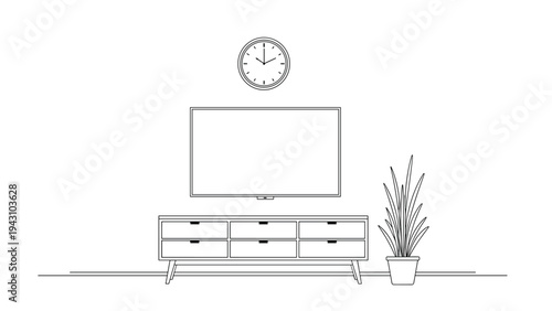 Simple black and white line drawing of a living room interior featuring a wall-mounted television, clock, cabinet, and a potted plant.