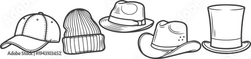 Set of five different hats including a baseball cap, beanie, fedora, cowboy hat, and top hat in a simple black and white line art illustration style