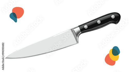 Professional chef's kitchen knife with a sharp silver blade and black handle displayed on a white background with abstract colorful spots.