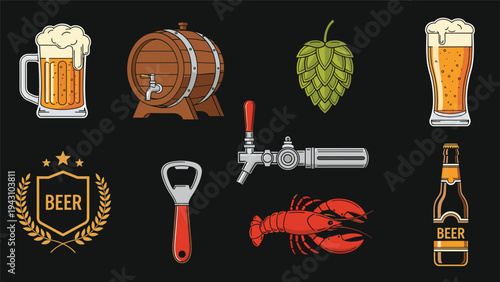 Collection of beer-related illustrations including a mug, barrel, hops, bottle, opener, tap, and a lobster snack on a dark background.