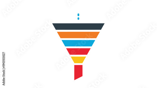 Colorful six-layered business funnel diagram showing a process or data filtration with various colors for each stage on a white background.