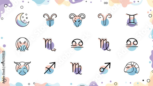 Set of fifteen colorful zodiac and astrological signs including moon, aries, taurus, cancer, and sagittarius in a playful cartoon style.