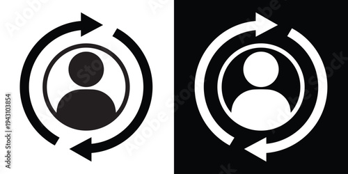 Human profile avatar centered within circular sync arrows. Clean vector design for user lifecycle management, account synchronization, member renewal, and profile updates.
