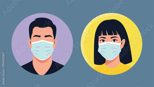 Pair of circular profile portraits of a man and a woman both wearing protective light blue medical face masks for health safety.