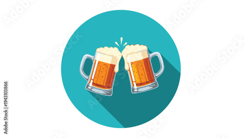 Close-up illustration of two frothy beer mugs clinking in a celebratory toast against a solid blue circular background with shadow.