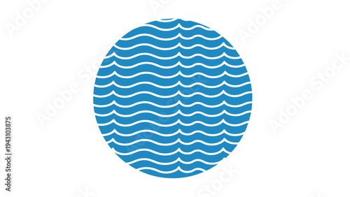 Abstract circular design filled with many rows of blue and white wavy lines representing water or ocean waves on a white background.