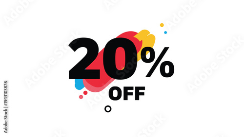 Promotional graphic showing 20 percent off in large black text over colorful abstract red and yellow paint splashes on a white background.