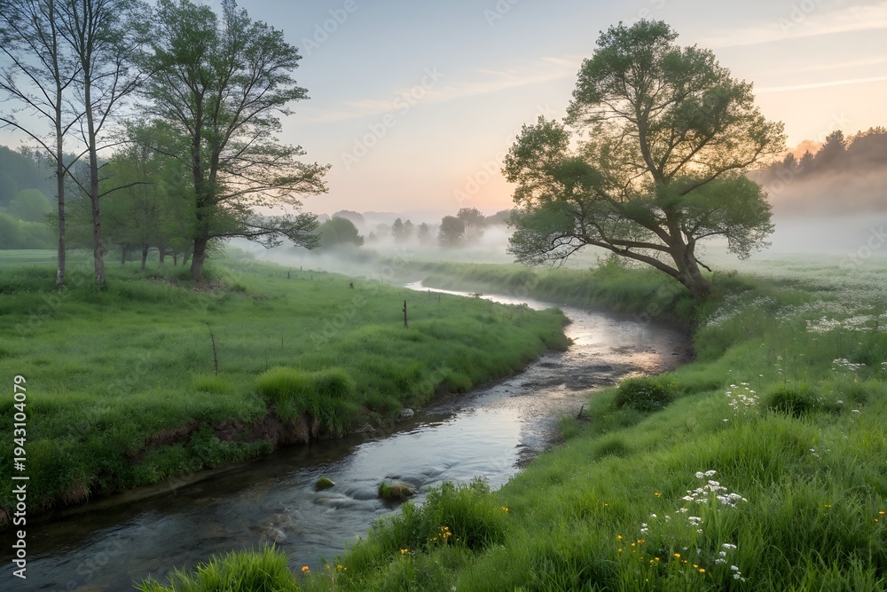 Fototapeta premium Serene morning landscape with a winding misty stream flowing through lush green meadows at sunrise