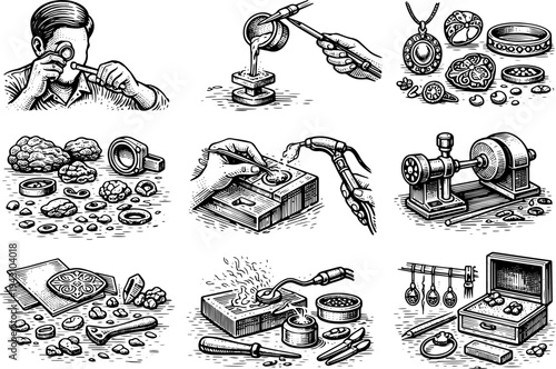 Black and White Vintage Line Art Vector Illustration of Complete Traditional Jewelry Making Process with Goldsmith Tools and Workshop Steps