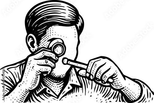 Vintage Jeweler Examining Pearl with Loupe Engraving