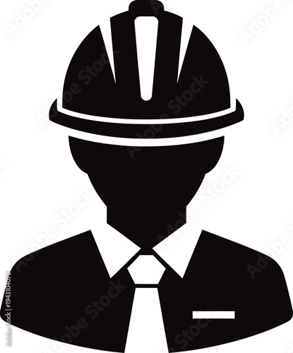 A silhouette of a businessman wearing a hard hat and formal attire