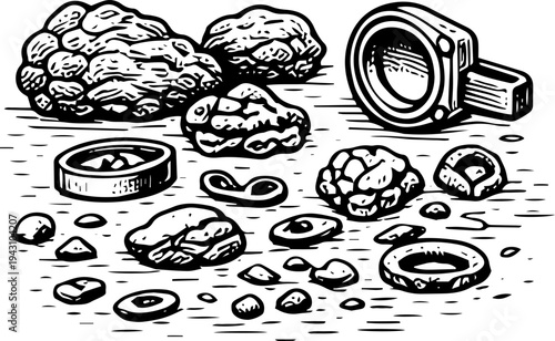 Black and White Vintage Vector Illustration of Raw Gold Nuggets Ore Rocks and Finished Rings