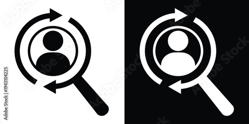 Silhouette of a person inside a magnifying glass with circular arrows. Vector icon representing candidate searching, recruitment cycles, user tracking, and human resources discovery.
