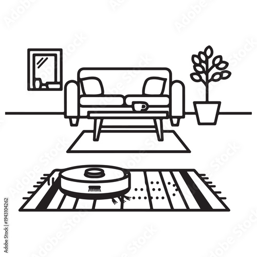 Monochrome Line Art Illustration of Home Interior with Robotic Cleaner