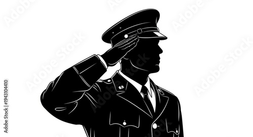 Military Officer Saluting Silhouette Portrait.