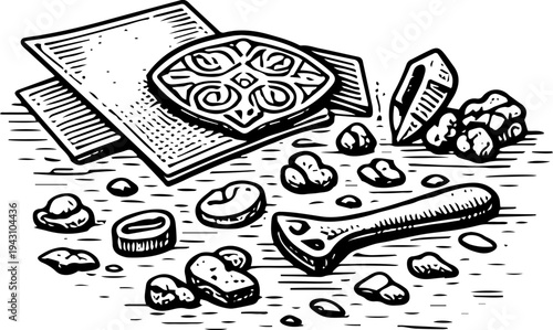 Black and White Vintage Vector Illustration of Ornate Jewelry Brooch with Raw Stones and Hammer