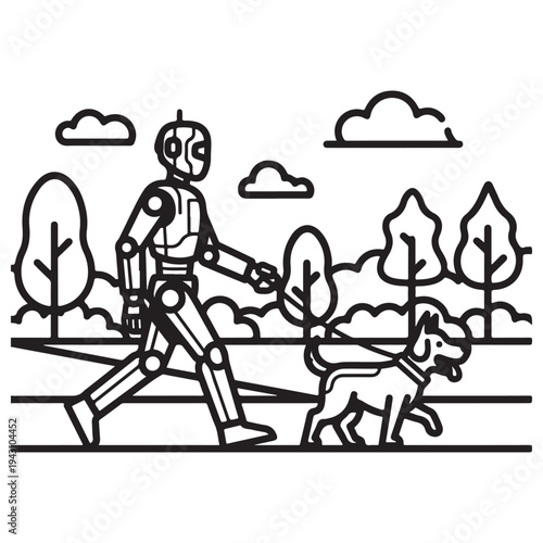 Minimalist Line Art Robot Walking Dog in Park Outdoors Illustration