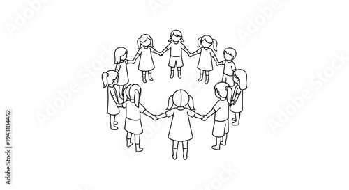 Children standing in a circle holding hands.