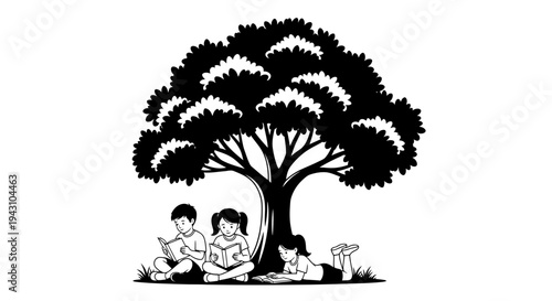 Children sitting under a tree.