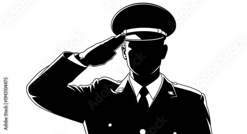 Military Officer Saluting Silhouette Portrait.