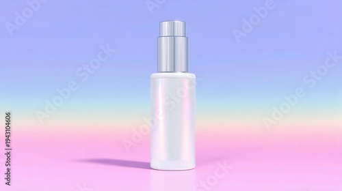 A sleek, white cosmetic pump bottle with a metallic cap, set against a soft, gradient pastel background