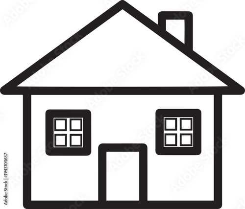 Simple black outline of a house with a pitched roof chimney and two windows home building architecture