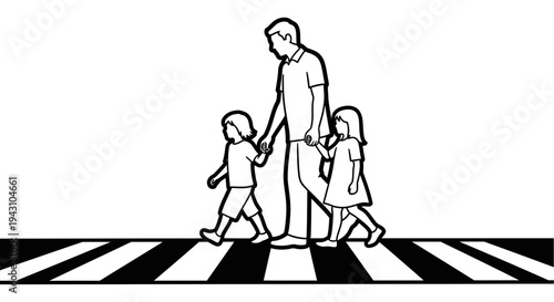 Family holding hands crossing street.