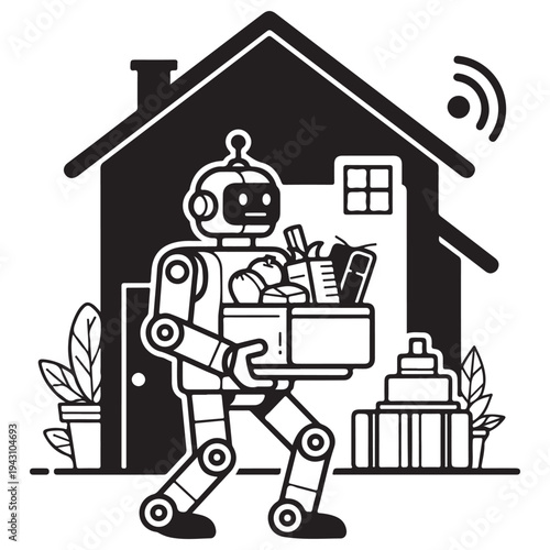 Monochromatic Flat Design Robot Delivering Package to House Illustration