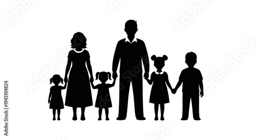Family of six standing together silhouette.
