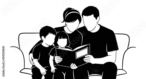 Family reading book together on sofa.