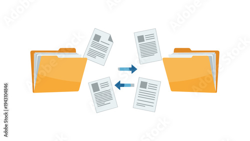 Illustration of two yellow file folders with arrows indicating the exchange of documents, representing data transfer or backup.