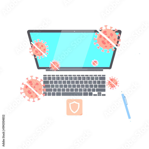 Cybersecurity concept: Laptop protected from digital viruses with shield icon. Online safety, antivirus software, data security illustration.