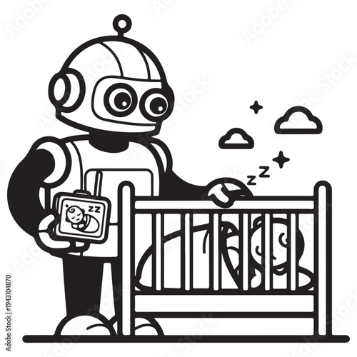 Black and White Outline Robot Watching Sleeping Baby Illustration