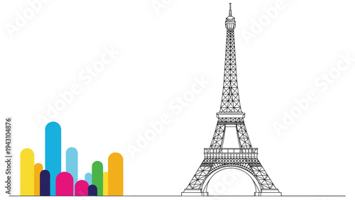 Outline illustration of the Eiffel Tower standing next to a stylized, colorful city skyline made of simple rounded shapes.
