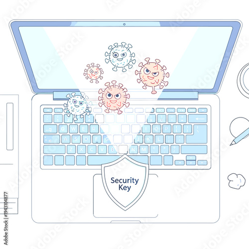 Cybersecurity concept: Laptop protected by a security key shield from digital viruses and malware, online data protection.